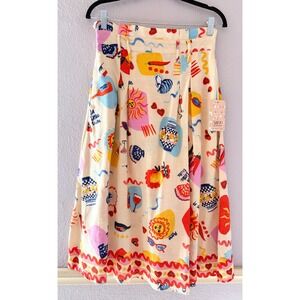 Her Destiny Italian Summer Mediterranean Print Midi Linen Skirt Cream Medium NWT
